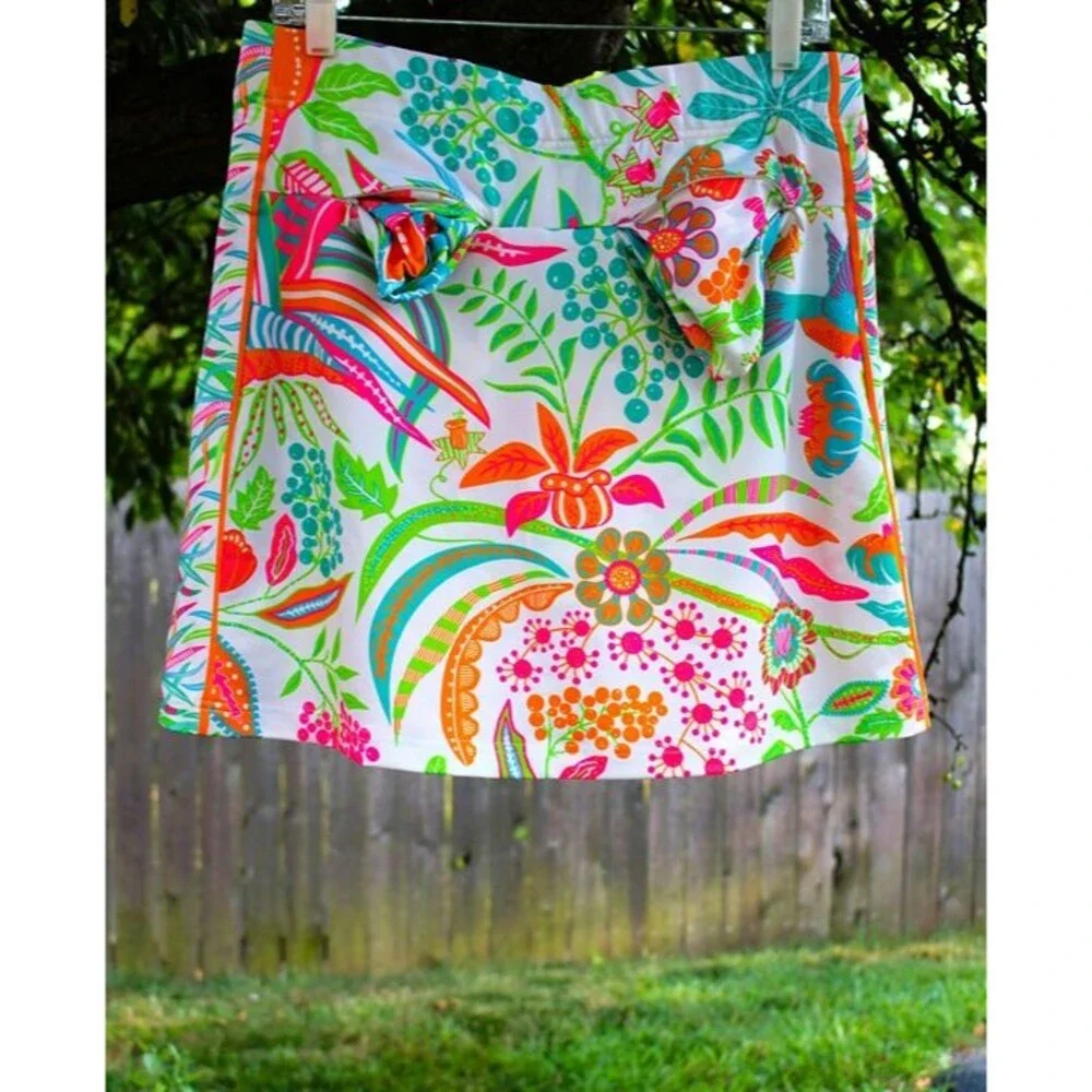 Gretchen Scott Bright Skort Women Size Medium Neon Tropical Design Pull On EUC!